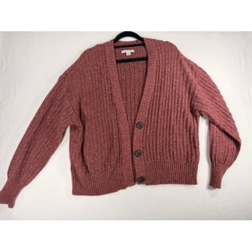 American Eagle Cardigan Women M Rose Pink Good Ribbed Knit V-Neck Button Front